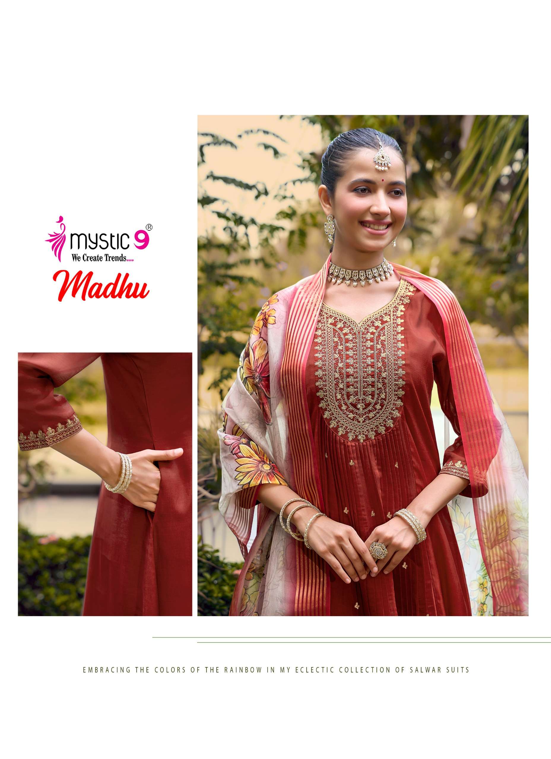MYSTIC 9 MADHU VOL 1 CHANDERI DYED FLARED CUT CATALOGUE RUND KURTI PANT SUIT TEENAGE BUY